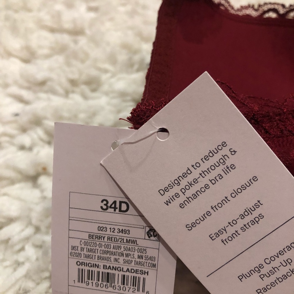 Auden Plunge Coverage Push‎ Up Racerback Bra Floral Lace Berry Red 34D - Picture 5 of 9